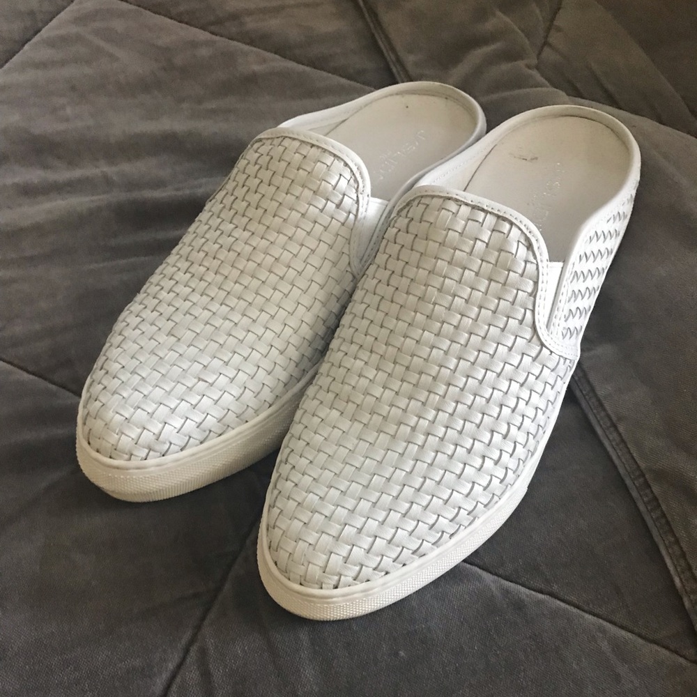J Slide white weave slip on tennis shoe